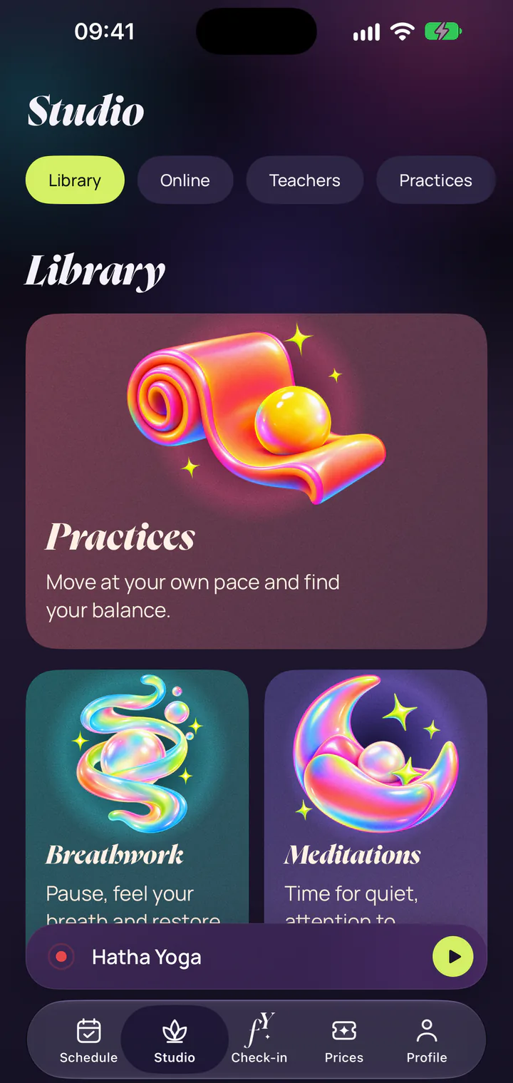 The app's Library screen: practices, breathwork and meditations, with the live bar